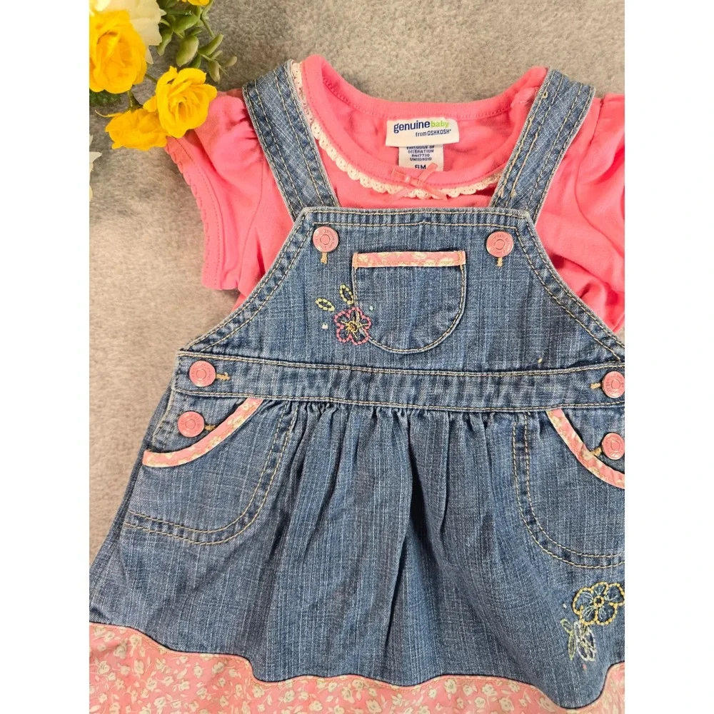 Genuine Baby OshKosh 6m Denim Jumper Dress Pink Bodysuit Floral Y2K Deadstock